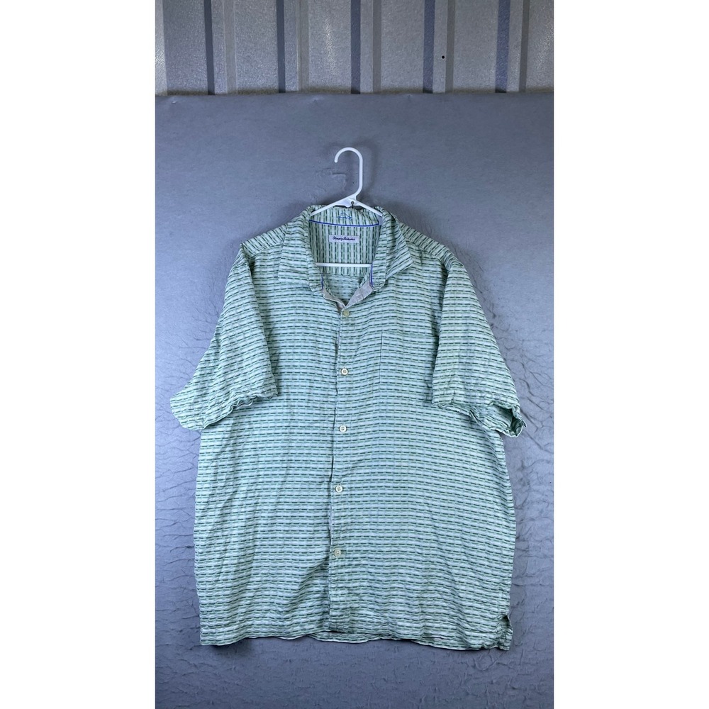 Tommy Bahama Button Up Shirt Mens XXL Green Excellent Short Sleeve Striped
